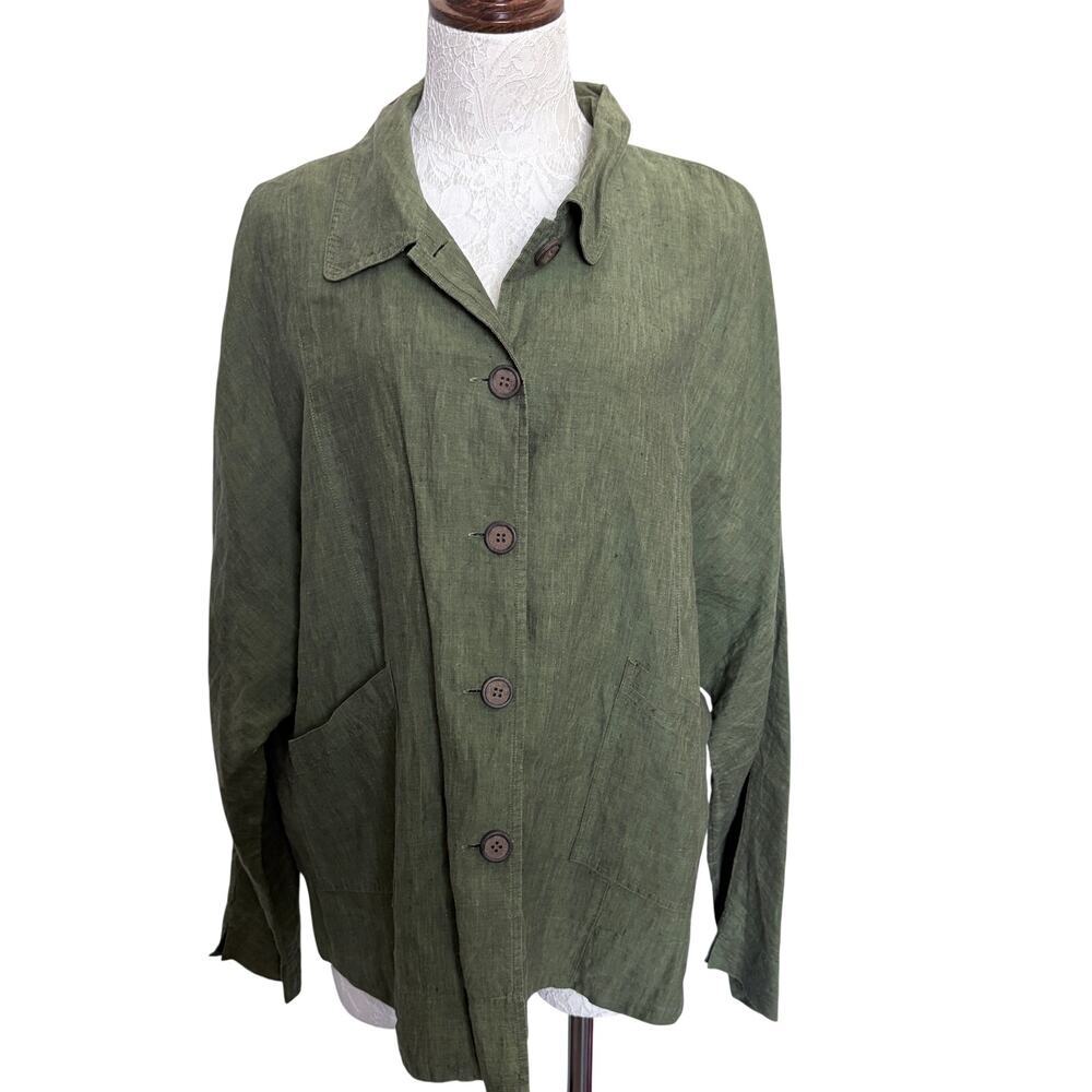 J Jill Linen Jacket Women’s Olive Green Button Front Lightweight Coastal XL